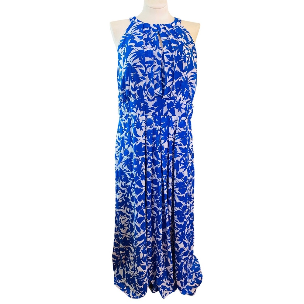 Ronni Nicole Blue White Floral Halter Maxi Dress Pleated Keyhole 24W Plus Size